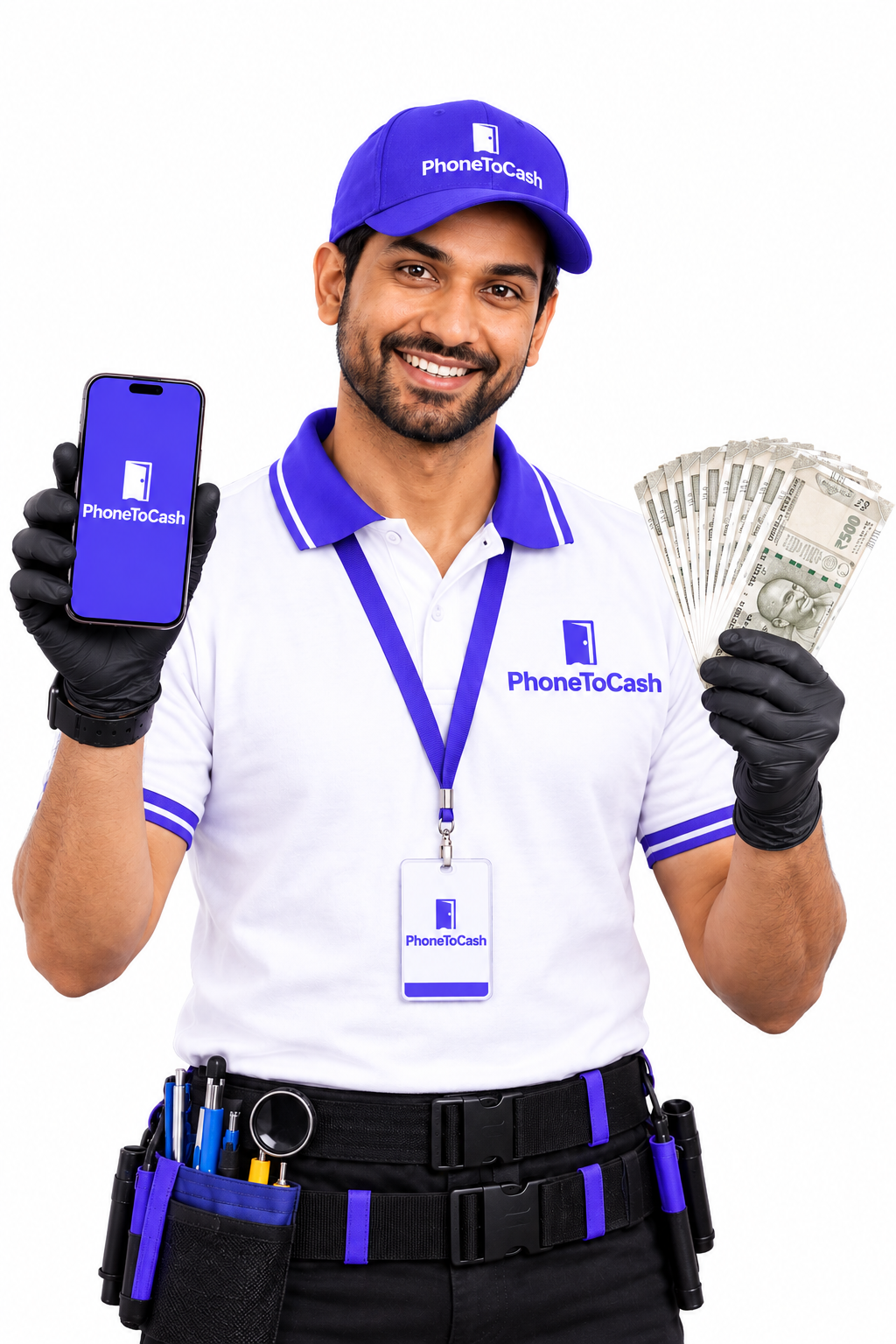 PhoneToCash buyback executive evaluating old phone at home in Ahmedabad